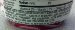 Picture of ingredients list in Chobani Pomegranate flavored Greek Yogurt